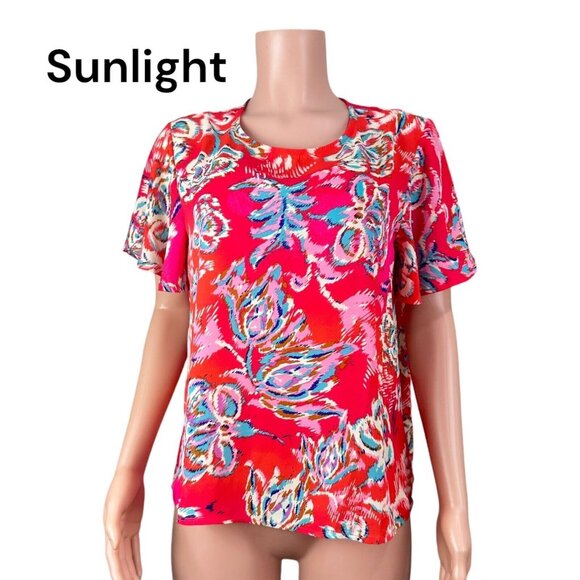 W5 Women Bright Red Floral Print Top Blouse SZ L  Flared Short Sleeve Pullover - Picture 1 of 11